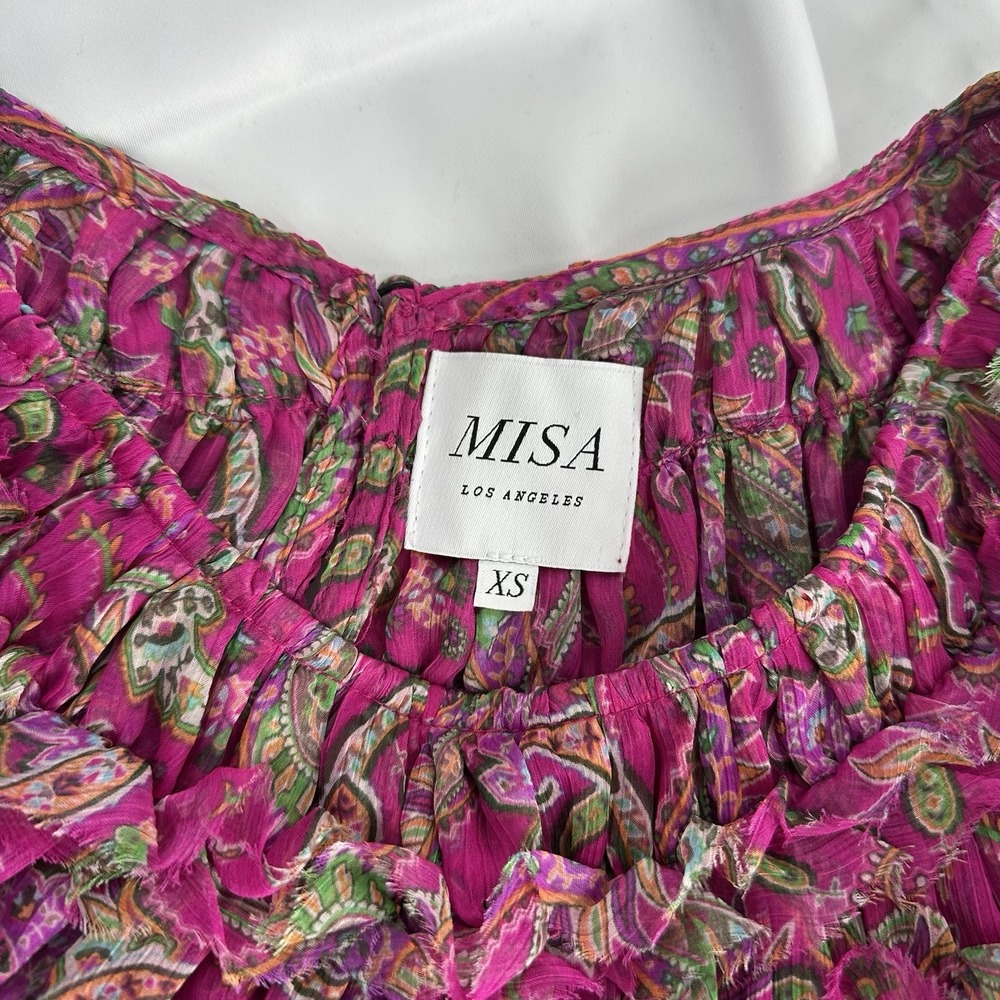 MISA Los Angeles Sz XS Fuschia Paisley Chiffon Mini Dress Smocked Waist Ruffle - Picture 4 of 9
